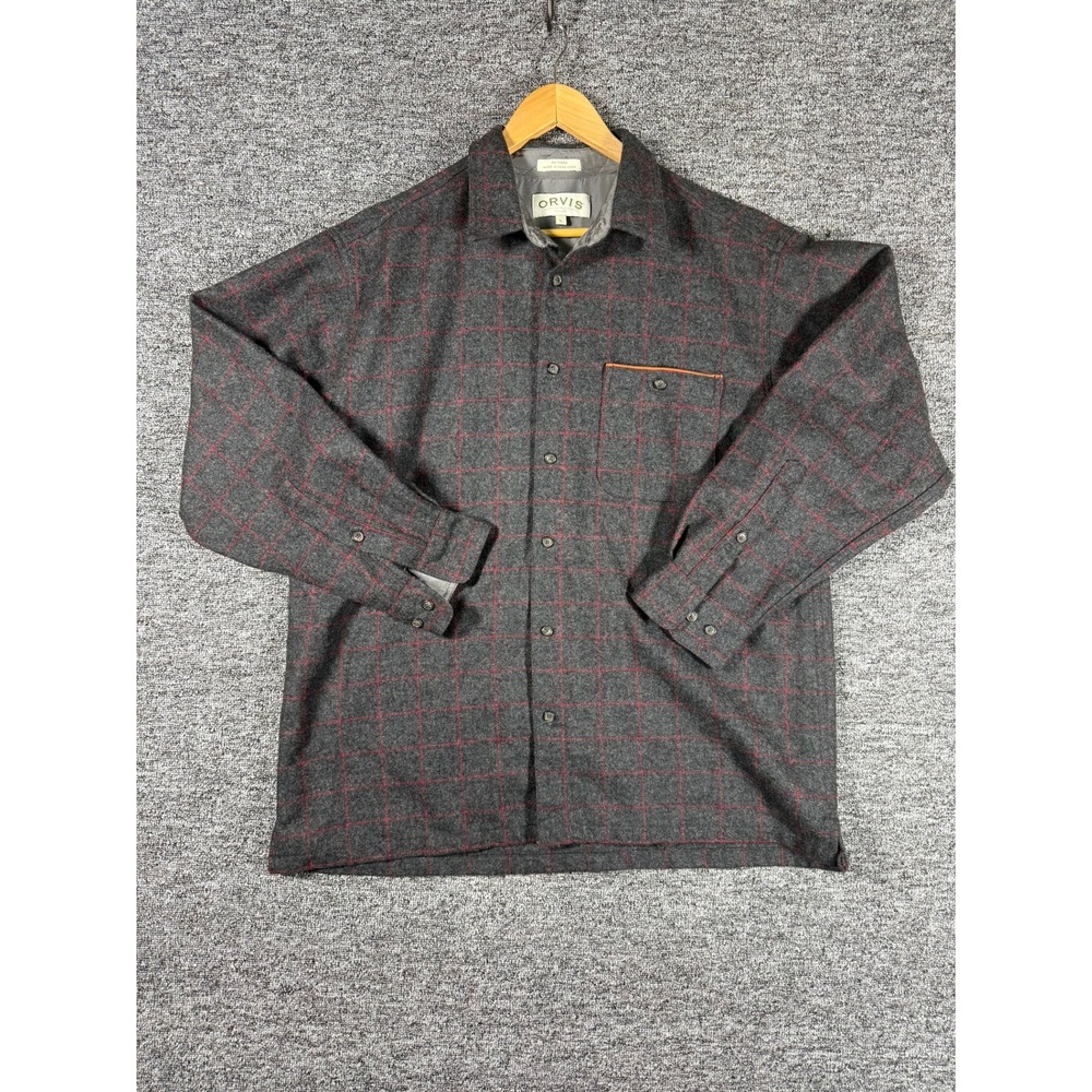 Orvis Mens 100% Wool Flannel Shirt Grey Red Windowpane Plaid Lined‎ L 06PC-0953